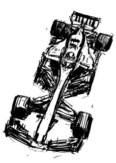 a black and white drawing of a race car with the driver sitting in the front