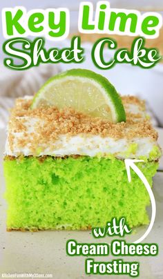 key lime sheet cake with cream cheese frosting and crumbs on the top