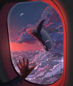 a person looking out an airplane window at a whale in the ocean with clouds and stars