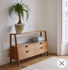 a potted plant sitting on top of a wooden shelf next to a white door