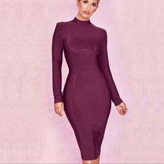 Bandage Midi Dress With Gold Zipper On The Back Available Is Small And Medium New With Tag - Fitted Midi Dress For Fall Dinner, Purple Midi Length Bodycon Dress For Date Night, Elegant Purple Long Sleeve Bodycon Dress, Chic Fitted Burgundy Bodycon Dress, Knee-length Bodycon Dress For Fall Dinner, Chic Burgundy Bodycon Dress, Burgundy Fitted Dress For Date Night, Fall Knee-length Bodycon Dress For Dinner, Fall Dinner Knee-length Bodycon Dress