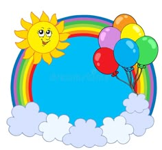 the sun and balloons are flying in the sky with clouds around it, as well as a rainbow