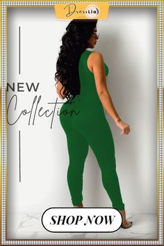 Women Clothing Solid Color Sexy V Neck Sleeveless Bandage Hollow Out Casual Streetwear Jumpsuit Green Fitted Sleeveless Bodysuit, Fitted Sleeveless Green Bodysuit, Trendy Sleeveless Green Bodysuit, Trendy Green Sleeveless Bodysuit, Sleeveless Stretch Bodysuit For Club, Stretch Sleeveless Club Bodysuit, Trendy Sleeveless Bodysuit For Club, Green Sleeveless Bodysuit For Club, Green High Stretch Jumpsuit For Summer