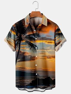 Vacation Leisure Plant Elements Coconut Tree Pattern Hawaiian Style Printed Shirt Top Lightweight construction with breathable mesh fabric provides a comfortable and flawless fit. Floral Scenery, Palm Tree Shirt, Japanese Shirt, Rayon Shirt, Tree Shirt, Spring Fabric, Formal Shirts For Men, Hawaiian Style, Mens Hawaiian Shirts