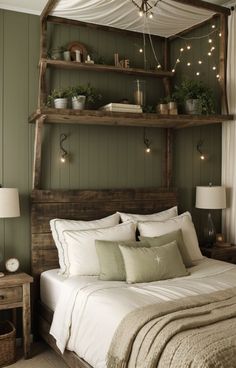 a bed sitting under a wooden shelf filled with lights