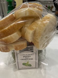 some bread in a plastic bag on a table