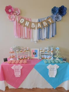 a baby shower party with pink, blue and white decorations