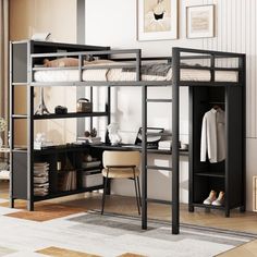 a loft bed with desk underneath it in a room that has white walls and wood floors