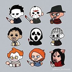 cartoon characters with different facial expressions on their faces, including one person wearing a mask and the other holding a knife