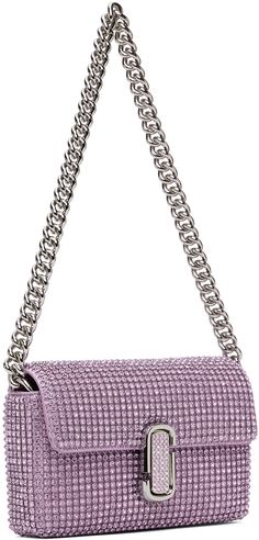 Crystal-cut mesh shoulder bag in purple. · Curb chain shoulder strap · Logo hardware at face · Magnetic flap · Three card slots at interior · Grained leather lining · H4.5 x W7.5 x D1.75 Supplier color: Wisteria Luxury Purple Shoulder Bag With Chain Strap, Purple Chain Strap Shoulder Bag For Formal Occasions, Formal Purple Shoulder Bag With Chain Strap, Marc Jacobs Shoulder Bag, Mini Shoulder Bag, Wisteria, Curb Chain, Marc Jacobs, Card Slots