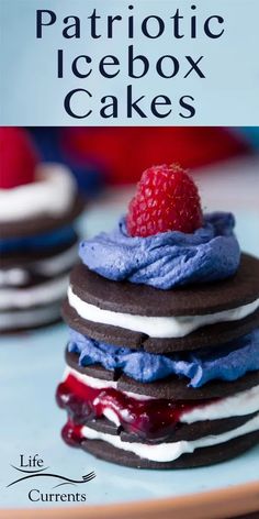 the cover of patriotic icebox cakes, with blue frosting and raspberries on top