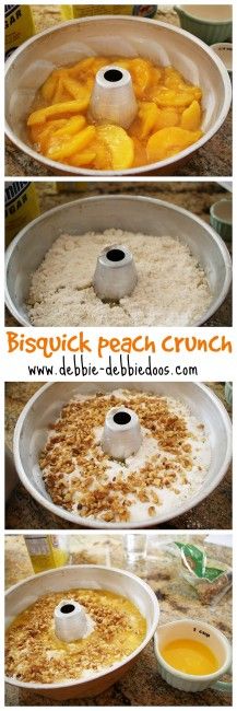 instructions for how to make biscuit peach crumbs in a cake pan and then bake