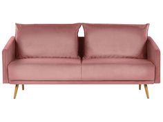 a pink couch with two pillows sitting on it's back end and one arm facing the other