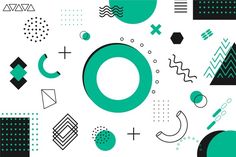 an abstract background with green and black shapes on white paper, including circles, squares, lines, and dots