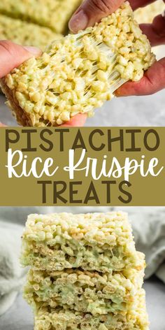 rice krispy treats stacked on top of each other with text overlay that reads, pestato rice krispie treats