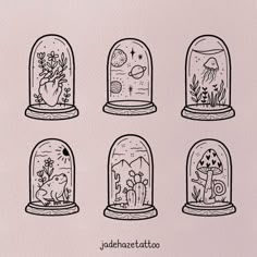 six glass domes with plants and animals in them on a pink background, each containing an individual's own image