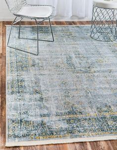 an area rug with blue and yellow colors