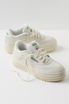 Reebok Club C Extra Sneakers | Free People Platform Walking Shoes, Green Rebook Sneakers, Reebok Platform Sneakers, Reebok Platform, Club C 85 Outfit, White Chunky Shoes, Reebok Club C Extra, Womens Platform Sneakers, Reebok Outfit