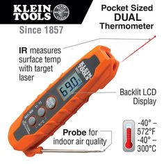 an orange digital thermometer with instructions on how to use it