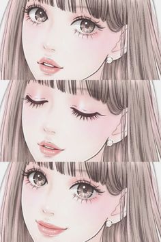 three different images of the same woman's face with long hair and big eyes