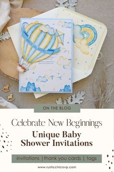 an image of baby shower cards with the words, celebrate new beginnings and unique baby showers