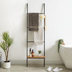 a bathroom with a towel rack next to a bathtub and a potted plant