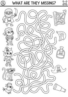 Pirate black and white maze for kids. Treasure hunt preschool printable activity with cute pirates, animals and their things. Sea adventures coloring labyrinth. What is missing worksheet Pirate Activity Sheets, Pirate Themed Worksheets, Pirate Kids Activities, Pirate Worksheets Preschool, Pirates Activities For Kids, Kids Activities Printable, Pirates For Kids, Treasure Hunt Preschool, Maze Activities For Kids