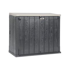 an outdoor storage cabinet with doors on the front and sides, in grey wood finish