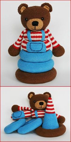 crocheted teddy bear in overalls and hat