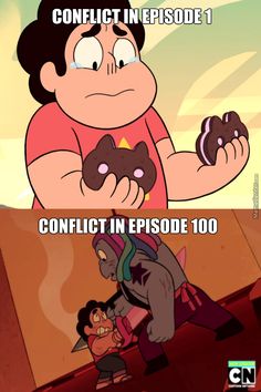 cartoon characters with caption that reads conflict in episode 1 conflict in episode 100