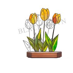 stained glass tulips in a wooden planter