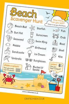 a beach scavenger hunt with pictures and words to help kids learn how to use it