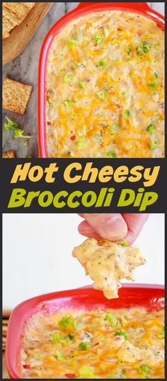 hot cheesy broccoli dip in a red casserole dish with crackers