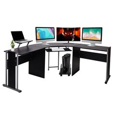 three computer screens are sitting on top of a desk with two monitors and a keyboard