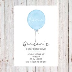 a blue balloon birthday party card with the word one on it and an inscription that says first birthday