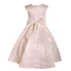 Your little fashionista will look awesome wearing this distinctive dress from Petite Adele. The ivory dull satin dress is simple and elegant but the beaded sleeves add a glamorous touch. The has pleated skirt and tie for a girly flair. Hidden zipper back and fully lined. ***PLEASE NOTE THIS ITEM REQUIRES AN ADDITIONAL 5 BUSINESS DAYS PROCESSING TIME PRIOR TO SHIPMENT*** Satin Princess Dress For Dress-up, Fitted Cream Princess Dress For Pageant, Fitted Cream Princess Dress For Pageants, Cream Fitted Princess Dress For Pageant, Cream Princess Dress For Pageants, Fitted Cream First Communion Dress For Spring, Cream Fitted First Communion Dress For Spring, Princess Style Satin Dress For First Communion, First Communion Satin Dress With Satin Bow