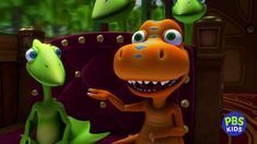 an animated dinosaur with two smaller dinosaurs in the background