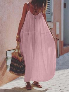 Long Skirt Solid Color Stitching Cotton and Linen Sleeveless Sling Dress Casual Bohemian Style, Beach Dress Summer, Gaun Fashion, A Line Maxi Dress, Linen Dress Women, Long Linen Dress, Cotton Linen Dresses, Sling Dress, Party Dress Long