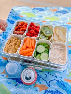 a lunch box with fruits, vegetables and crackers in it sitting on a table