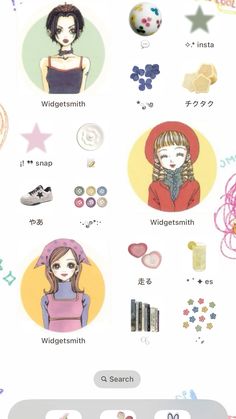 an iphone screen with various stickers and symbols on the phone, including two girls