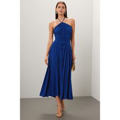 Blue jersey (100% Polyester). A-line. Sleeveless. Halter neck. Back zipper closure. 46" from shoulder to hemline. Imported. Halter Gown, Ruched Bodice, Rent The Runway, Zac Posen, Flowy Skirt, Closet Designs, Halter Neck, Halter Dress, Bodice