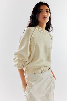 The *perfect* pullover, this cozy sweater features a soft fabrication and relaxed fit with slouchy long-sleeves and ribbed knit hems. **Fit:** Slouchy, relaxed fit **Features:** Soft knit fabrication, mock-neckline, raglan-cut sleeves with elasticated cuffs, ribbed hems, exposed seam detail **Why We ❤ It:** This sweater is a timeless addition to any collection of cozy layers. | Riley Pullover by Free People in White, Size: L Maxi Jumpsuit, Pullover Cardigan, Cozy Pullover, Mock Neckline, Cozy Sweater, Sweaters Knitwear, Ribbed Sweater, White Sweaters, Cozy Sweaters