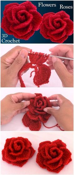 crocheted roses are being made with yarn