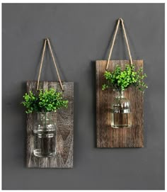 two hanging mason jars with plants in them on a wall next to a gray wall