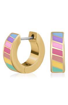 Easy-to-wear hoop earrings will add significant polish to even your most casual ensembles. 1/2" drop Hinge with snap-post closure Goldtone plate/enamel Imported Affordable Trendy Enamel Hoop Earrings, Trendy Multicolor Enamel Earrings, Everyday Enamel Hoop Earrings, Multicolor Huggie Hoop Earrings, Modern Enamel Hoop Earrings, Pink Enamel Hoop Jewelry, Multicolor Enamel Hoop Earrings, Fall Bathroom Decor, Clarks Shoes