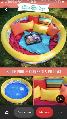 an inflatable pool with cushions and pillows on it, is set up to be used as a seating area