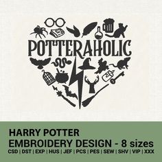 the harry potter embroidery design is shown in black and white, with an image of hogwart