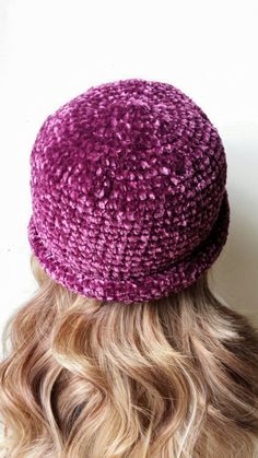 "This listing is for the crochet pdf pattern and not the actual product. ------ Thus hat is a wonderfully soft chemo cap too  ---- Measures-  9.75 inches tall x 11 inches wide Gauge- approximately 6 Sc per 2\" Fits approximately-  Adult Woman's Head Can be done in a variety of colors. GREAT BEGINNER PATTERN! CAN be embellished with a bow or flower. (PATTERNS not included.)  STITCHES USED:  Magic Ring, Chain, Single Crochet (Sc) and Slip stitch (SS) Materials needed: ---Approx. 150 yards BERNAT VELVET YARN --- \"J\" SIZED CROCHET HOOK ---Stitch Marker --Measuring Tape ---- As with all our patterns, please do not share, redistribute or alter to claim as your own. You may sell items made from this pattern. Credit to the designer is appreciated, but not required" Cheap Purple Crochet Hat, One Size, Hat Crochet Pattern, Crochet Design Pattern, Crochet Simple, Ring Chain, Chemo Hat, Magic Ring, Hat Crochet, Crochet Hat Pattern