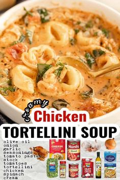 a bowl of tortellini soup with chicken and spinach in it is shown