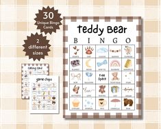 a teddy bear themed baby shower game with the words teddy bear on it and other items